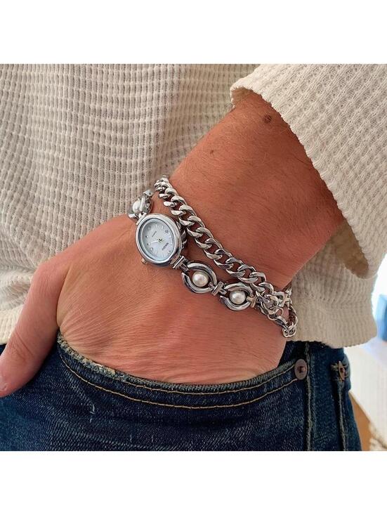 Accessories - Luxury Y2K style Silver round stainless steel quartz pearl stone charm watch
